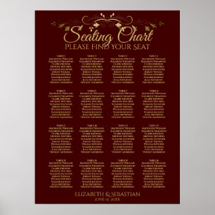 Gold & Burgundy 16 Table Wedding Seating Chart
