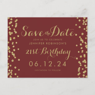 Gold Burgundy 21st Birthday Save Date Confetti Announcement Postcard