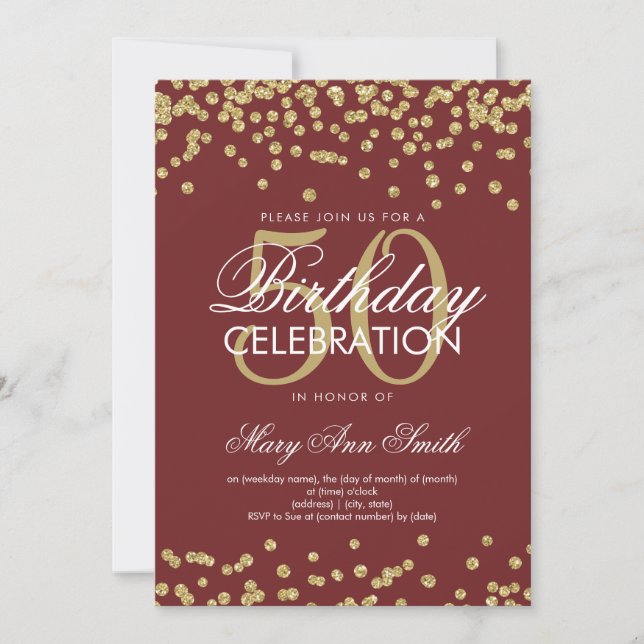 Gold Burgundy 50th Birthday Glitter Confetti Invitation (Front)