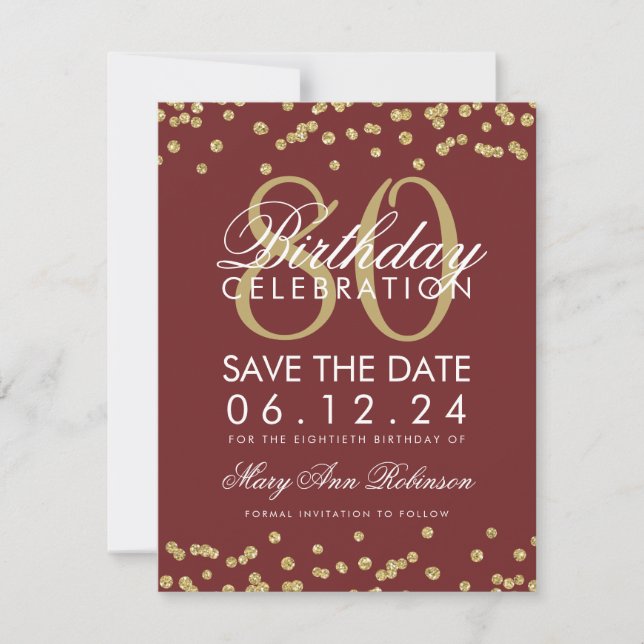 Gold Burgundy 80th Birthday Save Date Confetti Save The Date (Front)