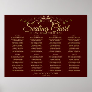 Gold & Burgundy 8 Table Wedding Seating Chart