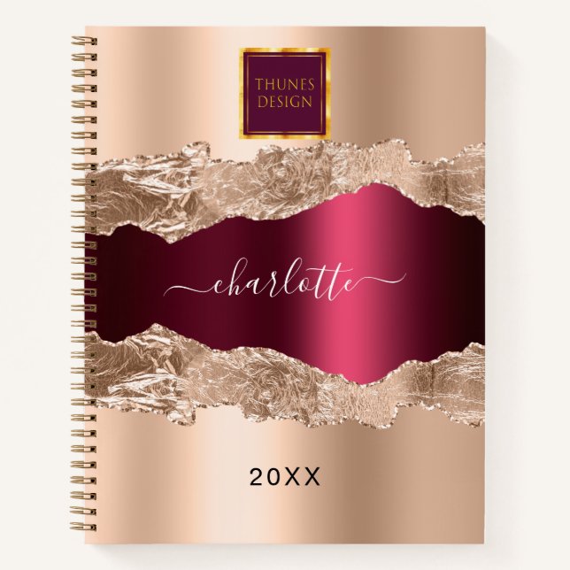 Gold burgundy agate marble business logo notebook (Front)
