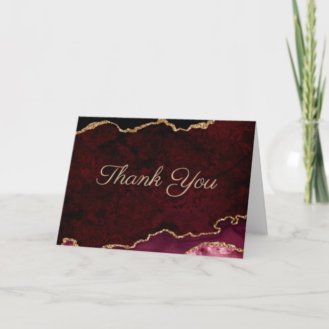 Gold Burgundy Agate Wedding Thank You Card (Front)