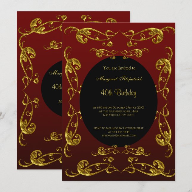 Gold Burgundy Black 40th Birthday Party Invitation (Front/Back)