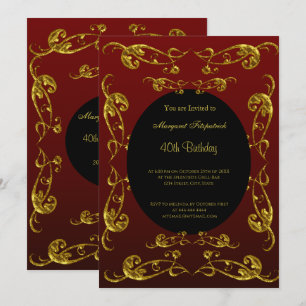 Gold Burgundy Black 40th Birthday Party Invitation