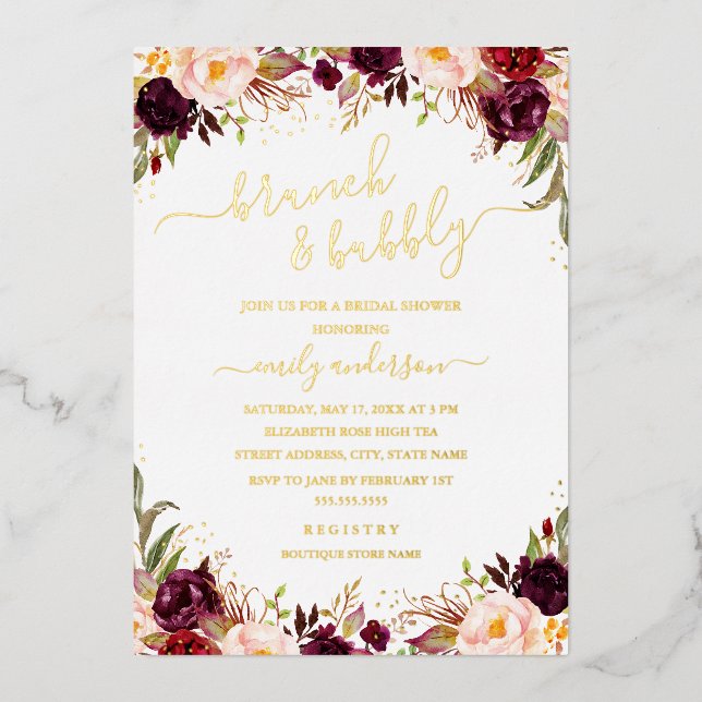 Gold Burgundy Blush Floral Bridal Shower (Front)