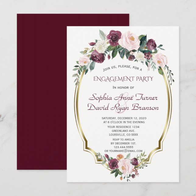 Gold Burgundy Blush Floral Engagement Party Invitation (Front/Back)