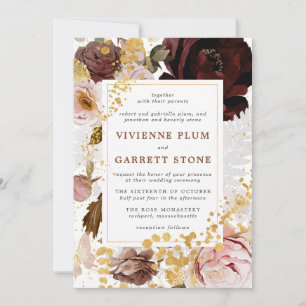 Gold Burgundy Blush Pink Floral Wedding Invitation