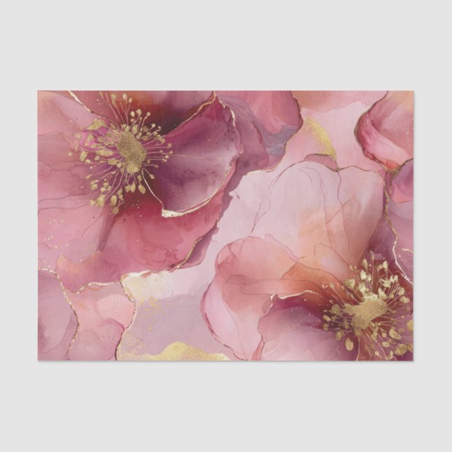 Gold Burgundy Blush Pink Flowers Bridal Shower Tissue Paper (Front)