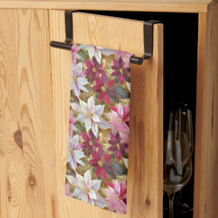 Gold Burgundy Bronze Pink Red White Poinsettia Kitchen Towel
