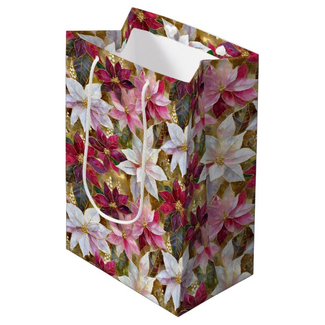 Gold Burgundy Bronze Pink Red White Poinsettia Medium Gift Bag (Front Angled)