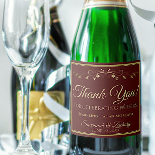 Gold & Burgundy Brown Wedding Thank You Sparkling Wine Label
