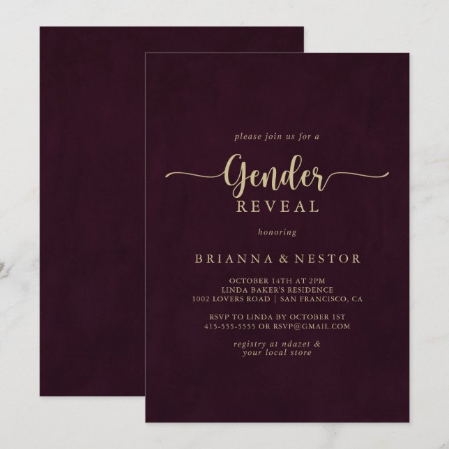 Gold Burgundy Calligraphy Gender Reveal Party  Invitation (Front/Back)