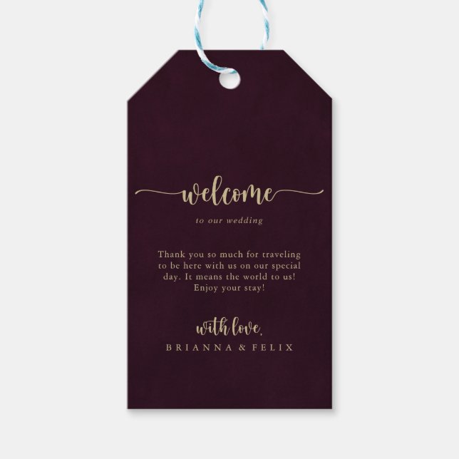 Gold Burgundy Calligraphy Wedding Welcome  Gift Tags (Front)