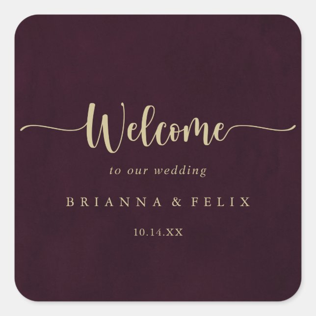 Gold Burgundy Calligraphy Wedding Welcome  Square Sticker (Front)