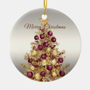 Gold Burgundy Christmas Tree Holiday Ceramic Ornament