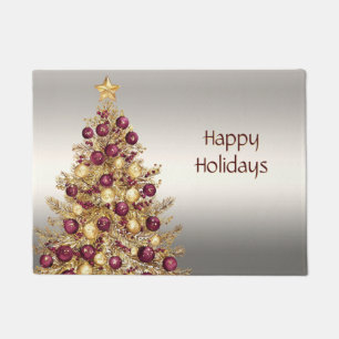 Gold Burgundy Christmas Tree Holiday Doormat