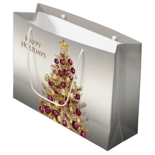 Gold Burgundy Christmas Tree Holiday Gift Bag