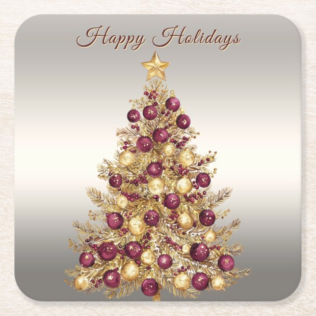 Gold Burgundy Christmas Tree Holiday Paper Coaster (Front)