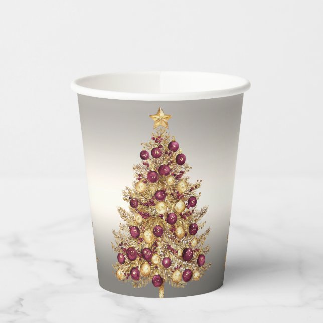 Gold Burgundy Christmas Tree Holiday Paper Cups (Left)