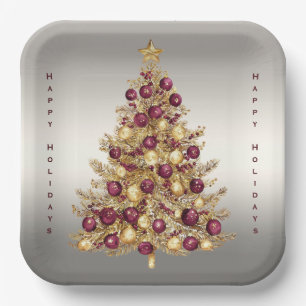 Gold Burgundy Christmas Tree Holiday Paper Plate