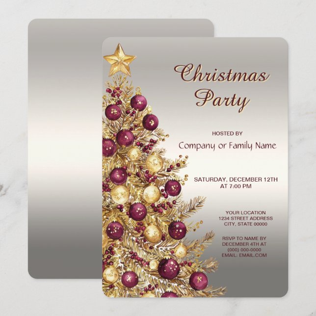 Gold Burgundy Christmas Tree Holiday Party Invitation (Front/Back)