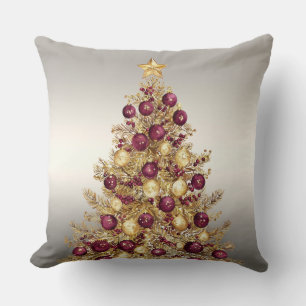 Gold Burgundy Christmas Tree Holiday Throw Pillow