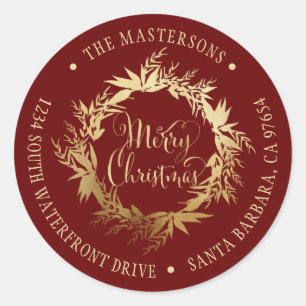 Gold Burgundy Christmas Wreath Return Address Classic Round Sticker