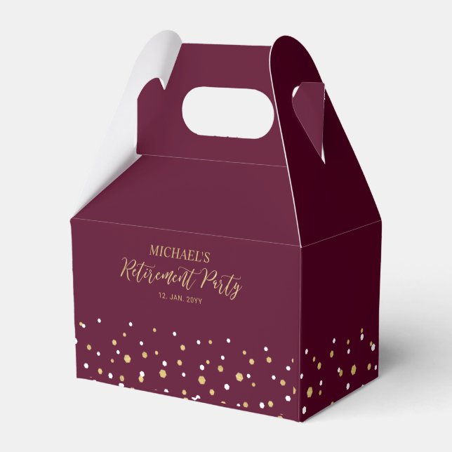 Gold & Burgundy Confetti Modern Retirement Party Favor Box (Front Side)