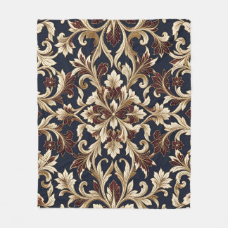 Gold Burgundy Damask Pattern Ornate Baroque Fleece Blanket