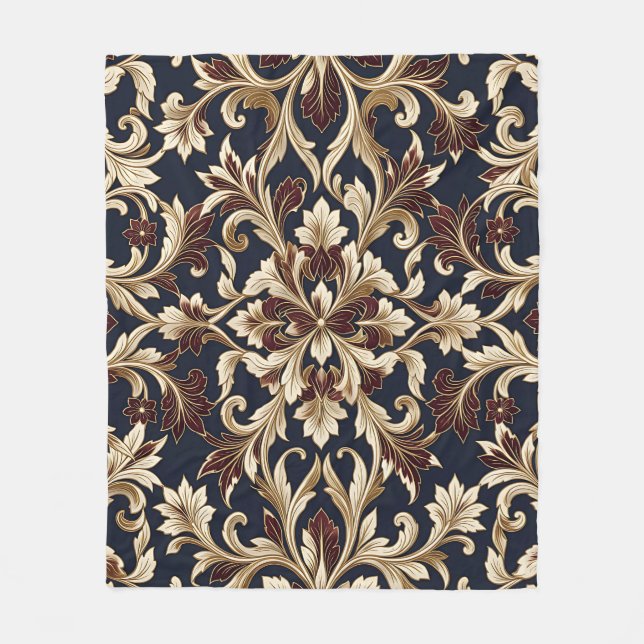 Gold Burgundy Damask Pattern Ornate Baroque Fleece Blanket (Front)