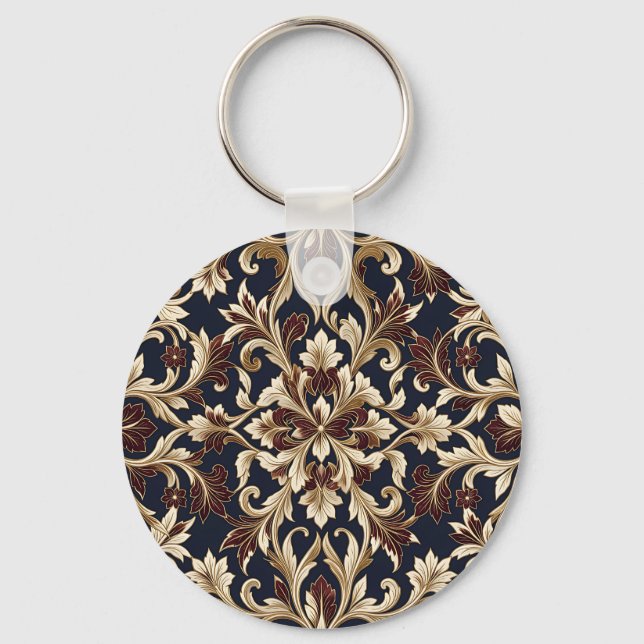 Gold Burgundy Damask Pattern Ornate Baroque Keychain (Front)