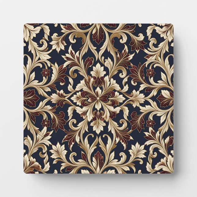 Gold Burgundy Damask Pattern Ornate Baroque Plaque (Front)