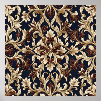 Gold Burgundy Damask Pattern Ornate Baroque Poster