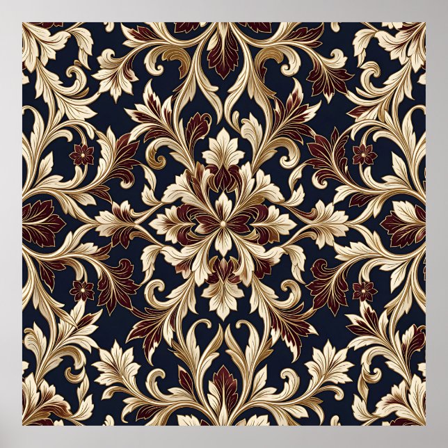 Gold Burgundy Damask Pattern Ornate Baroque Poster (Front)