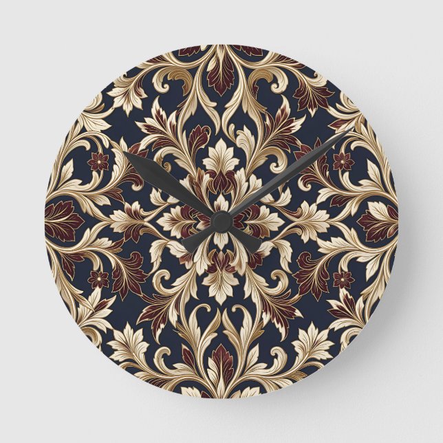 Gold Burgundy Damask Pattern Ornate Baroque Round Clock (Front)