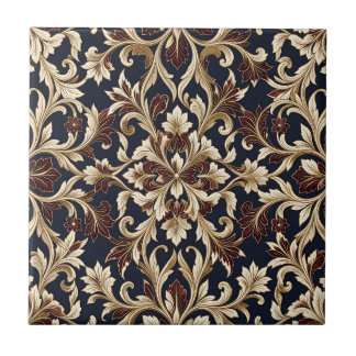 Gold Burgundy Damask Pattern Ornate Baroque Tile
