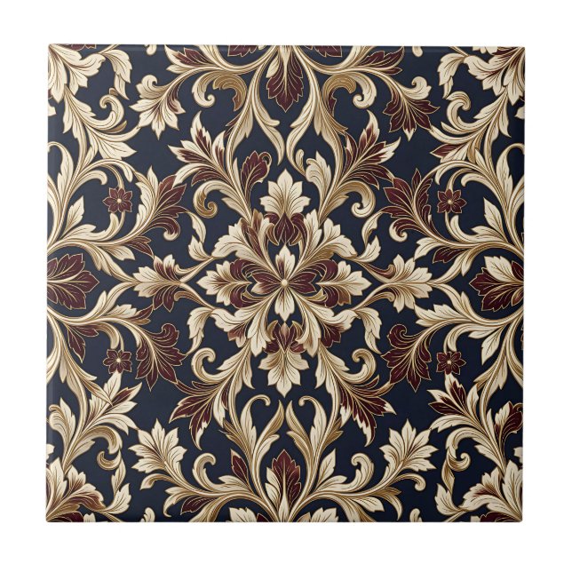 Gold Burgundy Damask Pattern Ornate Baroque Tile (Front)