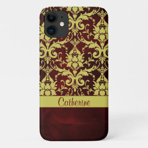 Gold Burgundy Damask Personalized iPhone 11 Case