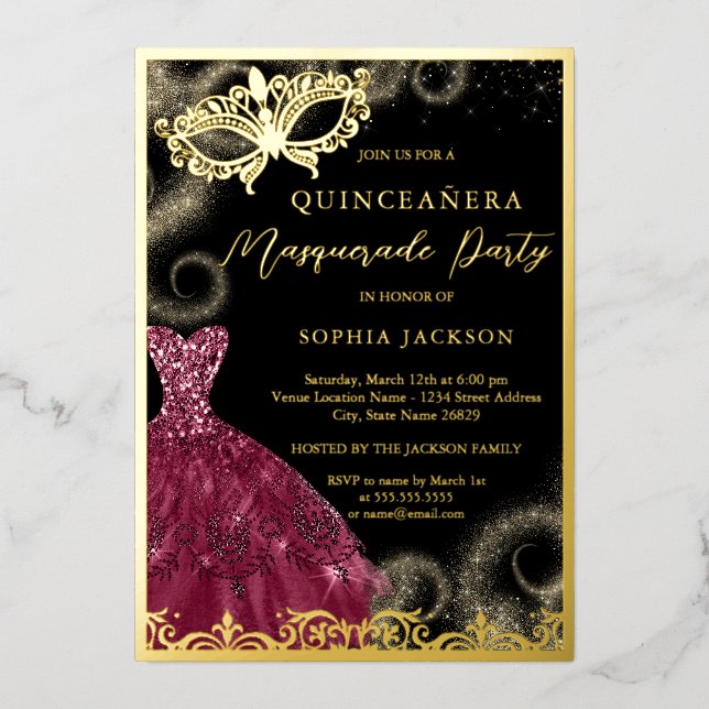 Gold Burgundy Dress Masquerade Party Quinceanera  (Front)