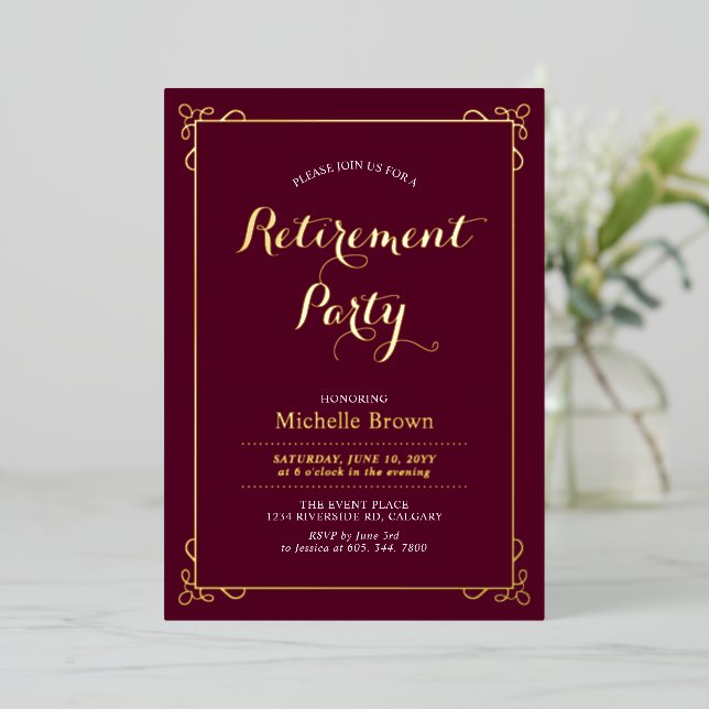 Gold & Burgundy Elegant Classy Retirement Party (Standing Front)