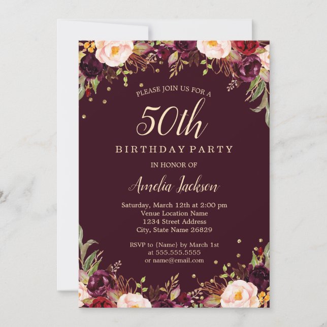 Gold Burgundy Elegant Floral 50th Birthday Party Invitation (Front)