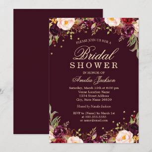 Gold Burgundy Elegant Floral Bridal Shower Invitation