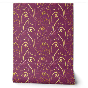 Gold & Burgundy Elegant Foliage & Swirls Classy Wallpaper