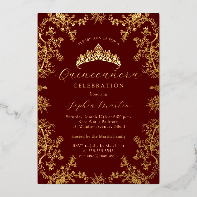 Gold Burgundy Elegant Vintage Quinceanera  (Front)