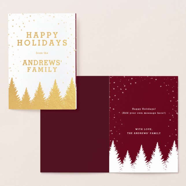 Gold Burgundy Falling Snow Winter Trees Holiday Foil Card (Display)