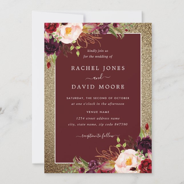 Gold Burgundy Floral Aquarelle Mariage Invitation (Devant)