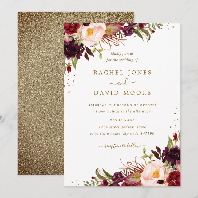Gold Burgundy Floral Aquarelle Mariage Invitation (Devant / Derrière)