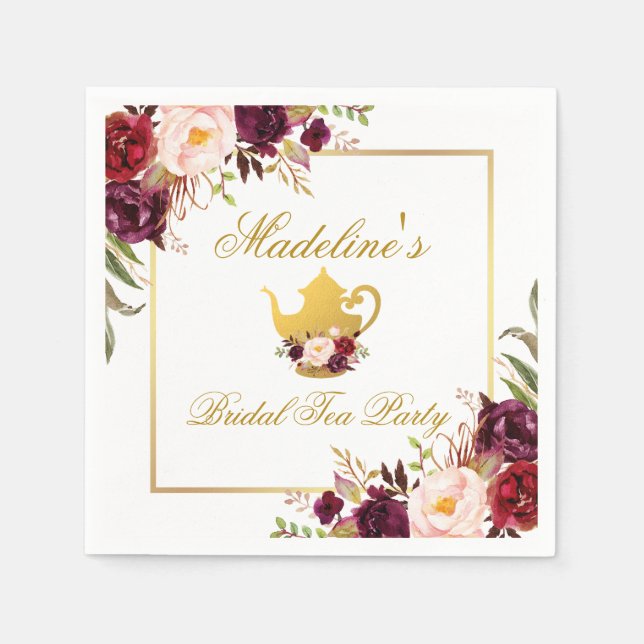 Gold Burgundy Floral Bridal Tea Party Napkin (Front)
