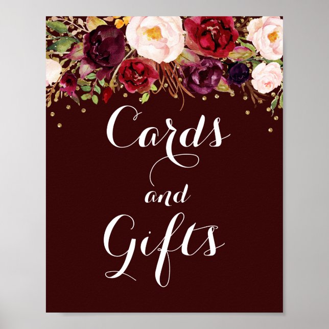 Gold Burgundy Floral Cards And Gifts Wedding Poster (Front)